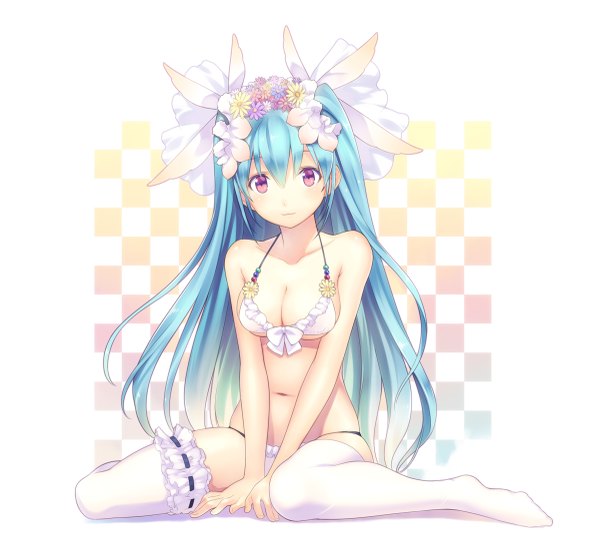 Anime picture 1200x1091 with original hirano katsuyuki single long hair looking at viewer breasts light erotic red eyes sitting blue hair hair flower wariza checkered background girl thighhighs navel hair ornament swimsuit bikini white thighhighs