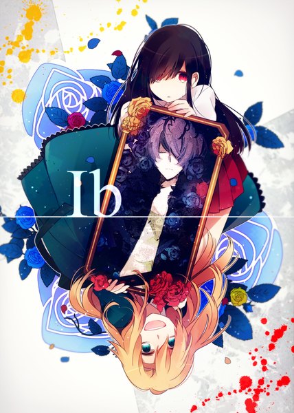 イラスト 1200x1680 と ib (game) ギャリー ib (ib) mary (ib) yori (y rsy) 長髪 長身像 カメラ目線 前髪 短い髪 開いた口 青い目 黒髪 金髪 笑顔 赤い目 multiple girls purple hair eyes closed 片目隠れ