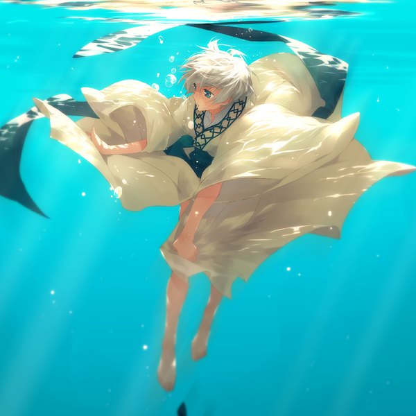 Anime picture 1160x1160 with magi the labyrinth of magic a-1 pictures ja'far (magi) hiramatsu (artist) single short hair white hair japanese clothes barefoot aqua eyes underwater freckles boy water bubble (bubbles)