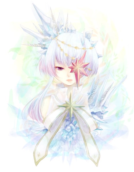 Anime picture 1300x1671 with tales of (series) razarisu aka tonbo (lovetow) single tall image short hair purple eyes silver hair white hair sad asymmetrical hair girl ribbon (ribbons) star (symbol) jewelry crystal