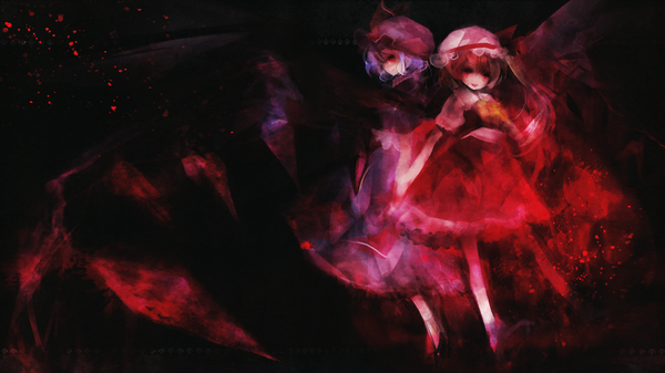 Anime picture 1920x1080 with touhou flandre scarlet remilia scarlet shimeko looking at viewer highres short hair smile red eyes wide image multiple girls dark background back to back girl dress 2 girls wings bonnet