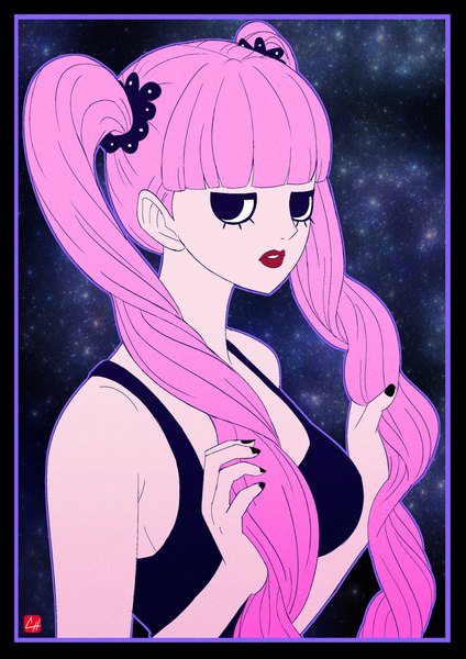 Anime picture 1448x2048 with one piece toei animation perona chris re5 single long hair tall image fringe twintails bare shoulders signed pink hair upper body blunt bangs nail polish parted lips fingernails lips black eyes sleeveless