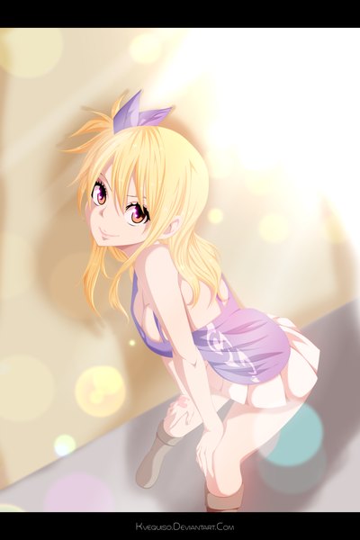 Anime picture 1866x2796 with fairy tail lucy heartfilia kvequiso single long hair tall image highres blonde hair smile brown eyes ponytail pleated skirt from above sunlight tattoo coloring side ponytail girl skirt bow