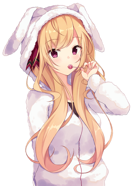 Anime picture 1220x1727 with original taiyaki (astre) single long hair tall image looking at viewer fringe simple background blonde hair white background purple eyes holding animal ears upper body bunny ears fake animal ears eating arm behind back animal hood girl