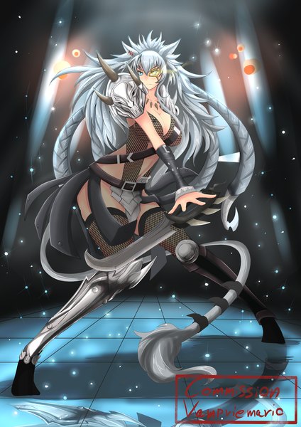 Anime picture 2893x4092 with league of legends rengar (league of legends) torahime (roland00) single long hair tall image blush highres breasts light erotic large breasts animal ears looking away silver hair tail animal tail heterochromia genderswap girl thighhighs