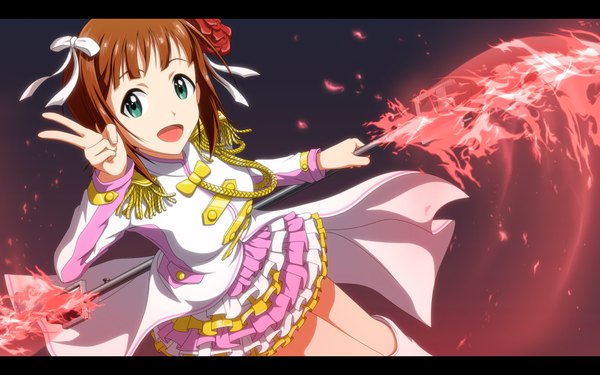 Anime picture 1920x1200 with idolmaster amami haruka kouchou single looking at viewer highres short hair open mouth blue eyes brown hair :d glowing girl dress bow hair bow