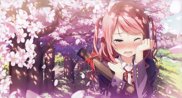 Anime picture 4611x2500 with original kurumi (kantoku) kantoku single long hair blush highres open mouth wide image twintails purple eyes pink hair absurdres upper body long sleeves scan shadow tears cherry blossoms wavy hair