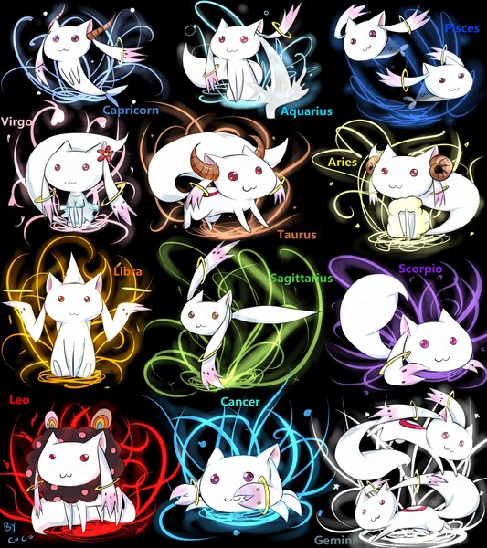 Anime picture 3464x3897 with mahou shoujo madoka magica shaft (studio) kyuubee coco (pixiv) tall image highres simple background absurdres tail horn (horns) wind inscription black background light zodiac aquarius (zodiac) leo (zodiac) capricorn (zodiac) virgo (zodiac) pisces (zodiac)