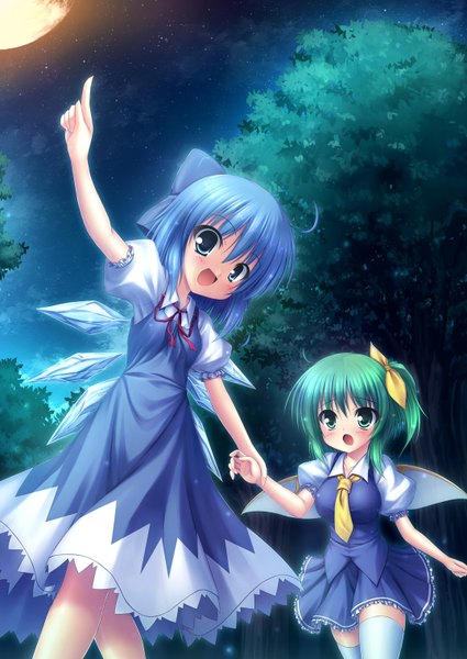 Anime picture 1076x1518 with touhou cirno daiyousei takeponi tall image blush short hair open mouth blue eyes multiple girls green eyes blue hair green hair night one side up girl thighhighs dress bow 2 girls