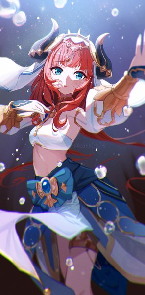 Anime picture 1556x3156 with genshin impact nilou (genshin impact) zakkuri single long hair tall image fringe blue eyes looking away red hair blunt bangs horn (horns) midriff underwater girl bubble (bubbles) veil