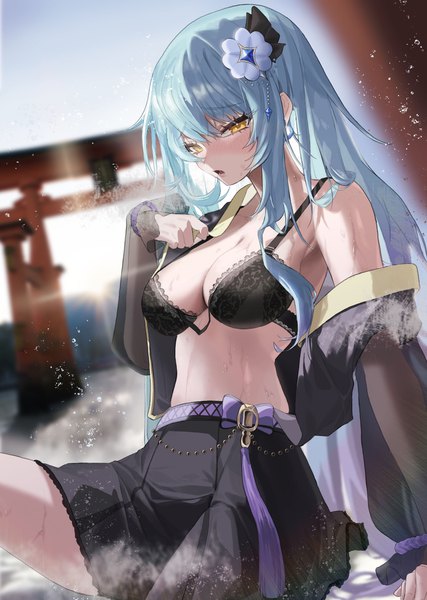 Anime picture 1025x1440 with original rima rima ri single long hair tall image looking at viewer blush fringe breasts open mouth light erotic hair between eyes large breasts sitting yellow eyes blue hair cleavage outdoors long sleeves sunlight
