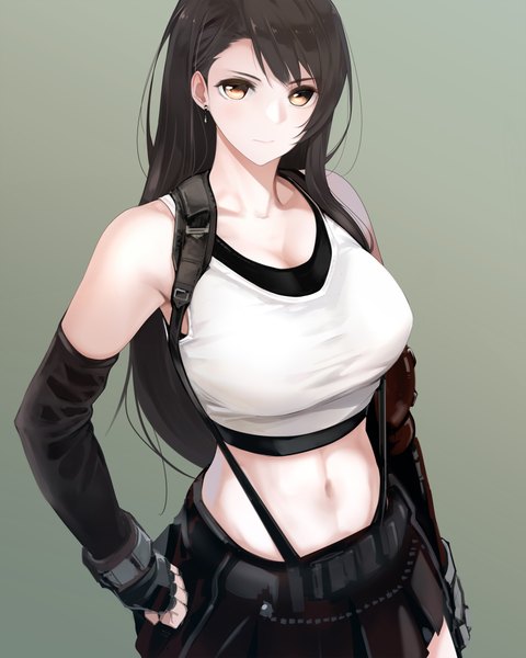 Anime picture 1600x2000 with final fantasy final fantasy vii square enix tifa lockhart giba (out-low) single long hair tall image looking at viewer blush fringe breasts light erotic black hair simple background large breasts standing brown eyes cleavage light smile