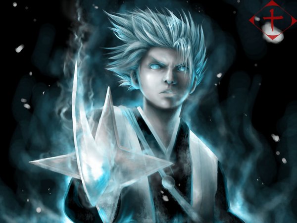 Anime picture 2048x1536 with bleach studio pierrot hitsugaya toushirou spirapride (artist) single highres open mouth blue eyes silver hair white hair traditional clothes japanese clothes multicolored hair lips realistic snowing serious gotei boy weapon