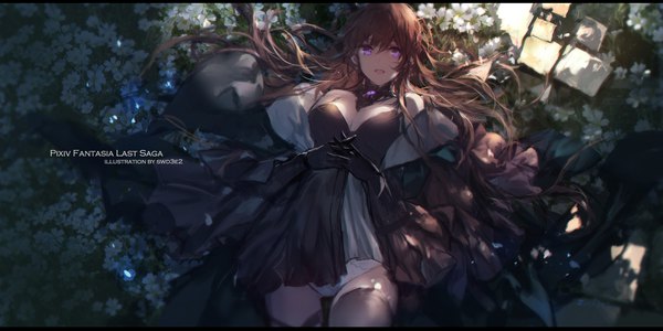 Anime picture 2126x1063 with original pixiv fantasia pixiv fantasia last saga swd3e2 single long hair looking at viewer fringe highres breasts open mouth light erotic smile hair between eyes brown hair wide image purple eyes signed cleavage lying