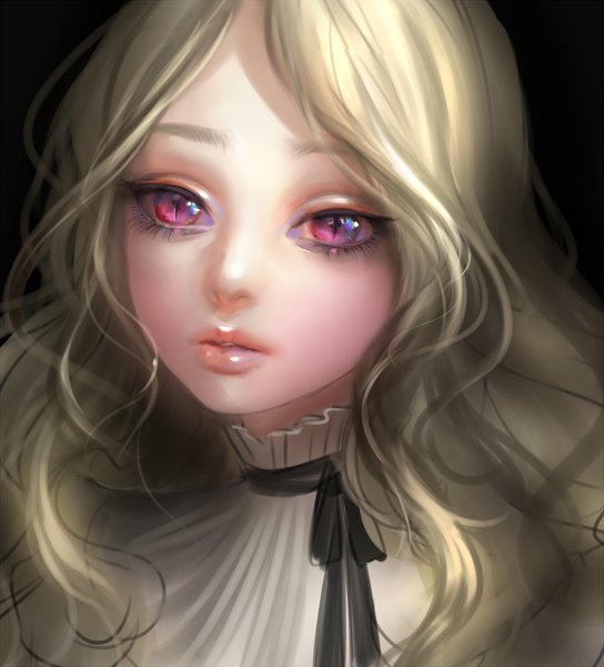 Anime picture 1500x1654 with original airspace (artist) single long hair tall image looking at viewer blonde hair pink eyes lips dark background face girl