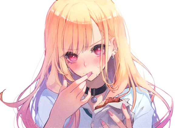 Anime picture 4093x2894 with sono bisque doll wa koi wo suru cloverworks kitagawa marin misty cj single long hair blush fringe highres simple background blonde hair white background absurdres upper body pink eyes embarrassed piercing finger to mouth ear piercing girl