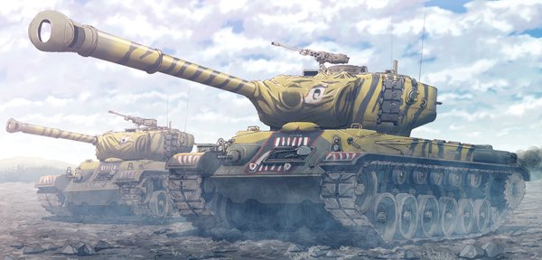 Anime picture 1500x720 with original earasensha wide image sky cloud (clouds) military weapon gun ground vehicle tank caterpillar tracks m46