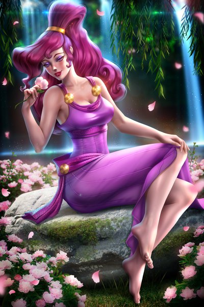 Anime picture 4000x6000 with hercules (disney) disney megara (disney) ayyasap single long hair tall image looking at viewer blush fringe highres breasts smile large breasts sitting purple eyes holding signed payot pink hair