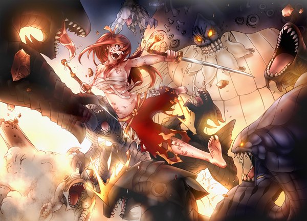 Anime picture 1500x1079 with fairy tail erza scarlet kristallin-f (artist) long hair breasts open mouth light erotic red eyes bare shoulders yellow eyes ponytail red hair barefoot armpit (armpits) torn clothes battle screaming girl ribbon (ribbons) weapon