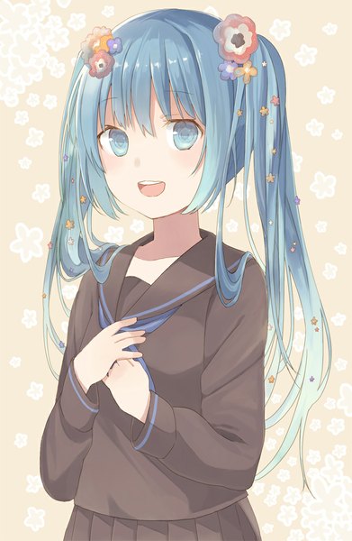 Anime picture 741x1136 with vocaloid hatsune miku nagitoki single long hair tall image looking at viewer open mouth twintails hair flower aqua eyes aqua hair girl uniform hair ornament flower (flowers) school uniform