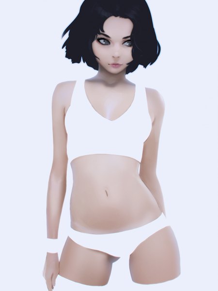 Anime picture 1300x1733 with original ilya kuvshinov single tall image short hair blue eyes light erotic black hair simple background standing bare shoulders looking away lips realistic bare belly underwear only thighs ass visible through thighs blue background arm behind back