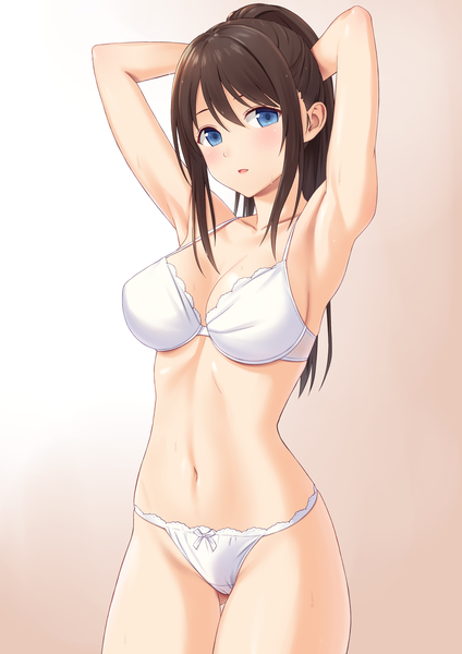 Anime picture 2900x4100 with original n.g. single long hair tall image looking at viewer blush fringe highres breasts open mouth blue eyes light erotic simple background hair between eyes brown hair large breasts cleavage ponytail arms up
