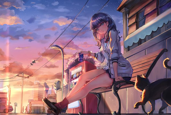 Anime picture 2480x1676 with gridman universe ssss.gridman studio trigger takarada rikka ice (6597201) long hair blush fringe highres open mouth blue eyes black hair hair between eyes sitting holding looking away sky cloud (clouds) full body outdoors