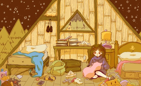 Anime picture 1280x789 with gravity falls mabel pines single long hair blush brown hair wide image sitting night night sky looking down girl weapon plant (plants) animal tree (trees) pillow book (books) bed star (stars)