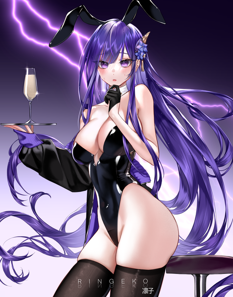 Anime picture 4000x5103 with genshin impact raiden shogun ringeko-chan single tall image looking at viewer blush fringe highres breasts open mouth light erotic simple background large breasts standing purple eyes holding signed animal ears absurdres