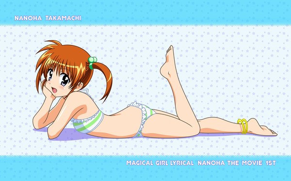 Anime picture 1920x1200 with mahou shoujo lyrical nanoha takamachi nanoha highres light erotic wide image twintails barefoot short twintails lolicon girl swimsuit bikini striped bikini