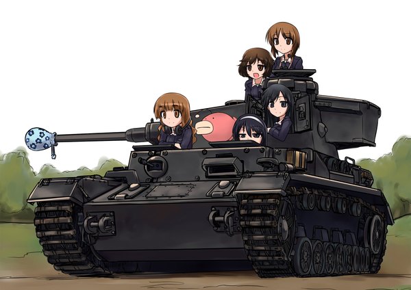 Anime-Bild 2339x1654 mit girls und panzer nishizumi miho akiyama yukari takebe saori reizei mako isuzu hana long hair highres short hair open mouth black hair brown hair white background multiple girls brown eyes black eyes girl uniform weapon hairband