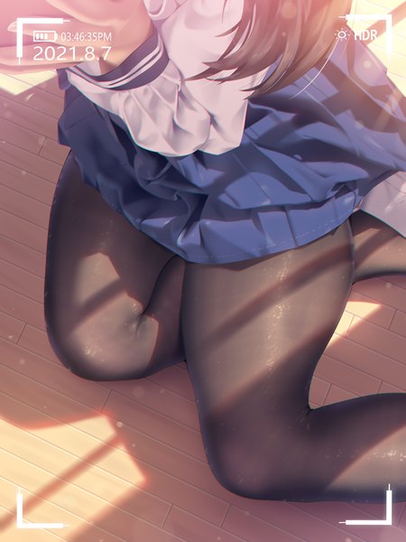 Anime picture 750x1000 with original a.x. single long hair tall image black hair sitting bent knee (knees) long sleeves pleated skirt sunlight shadow dated sunbeam head out of frame yokozuwari wide hips recording viewfinder time