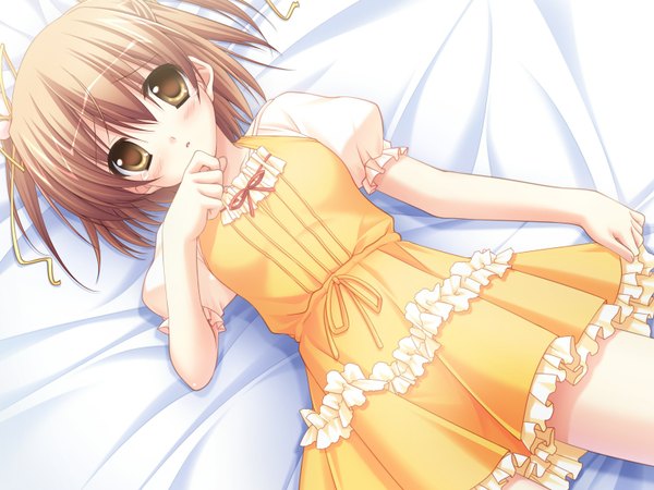 Anime picture 1600x1200 with deliverer! (game) yufu sumika single looking at viewer blush short hair open mouth brown hair twintails brown eyes game cg :o on back loli short twintails girl dress ribbon (ribbons) hair ribbon bed