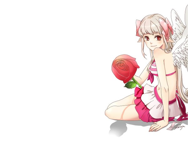 Anime picture 1280x960 with dungeon and fighter peirasuo (artist) single long hair blonde hair simple background red eyes white background sitting holding looking away light smile pointy ears angel wings girl navel flower (flowers) bow swimsuit hair bow