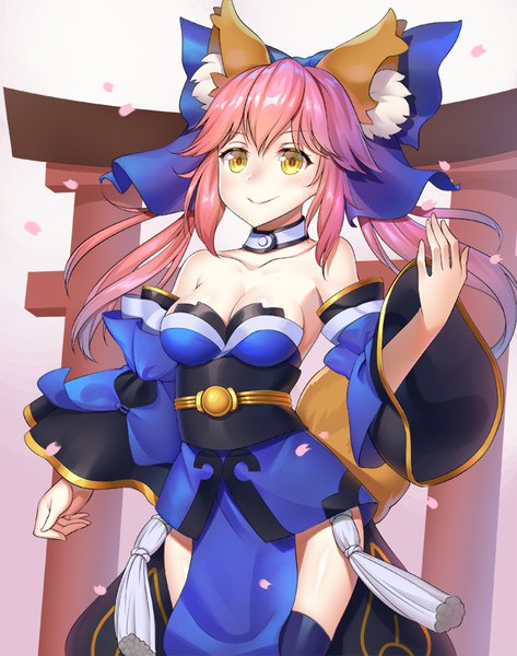 Anime picture 700x887 with fate (series) fate/extra tamamo (fate) (all) tamamo no mae (fate) yaxiya single long hair tall image looking at viewer blush fringe breasts light erotic simple background smile hair between eyes standing twintails animal ears yellow eyes