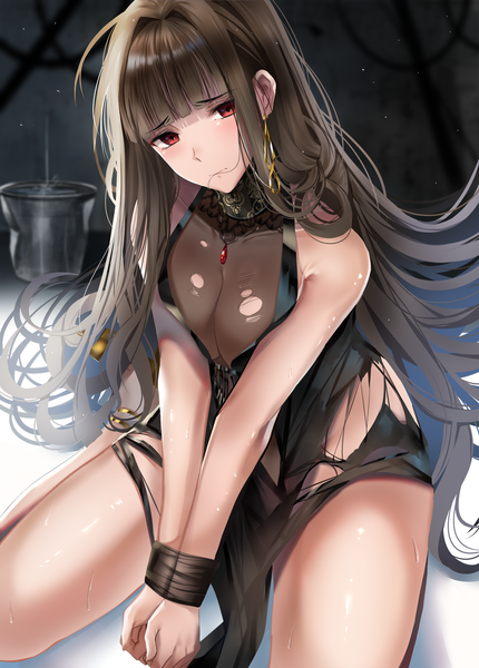 Anime picture 1200x1675 with girls frontline dsr-50 (girls frontline) nicky w single long hair tall image looking at viewer blush fringe breasts light erotic black hair red eyes large breasts sitting holding ahoge blunt bangs head tilt sweat