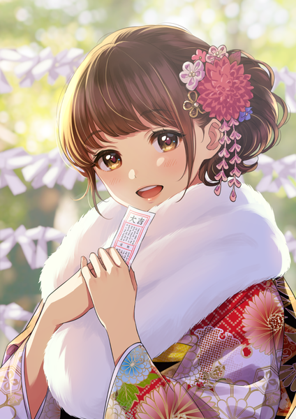 Anime picture 868x1228 with original morikura en single tall image looking at viewer blush fringe short hair open mouth smile brown hair holding brown eyes payot upper body blunt bangs traditional clothes :d japanese clothes wide sleeves