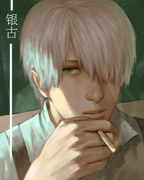 Anime picture 945x1181 with mushishi ginko xiongmaotao single tall image fringe short hair simple background green eyes looking away white hair from above hair over one eye realistic inscription portrait smoke smoking green background boy
