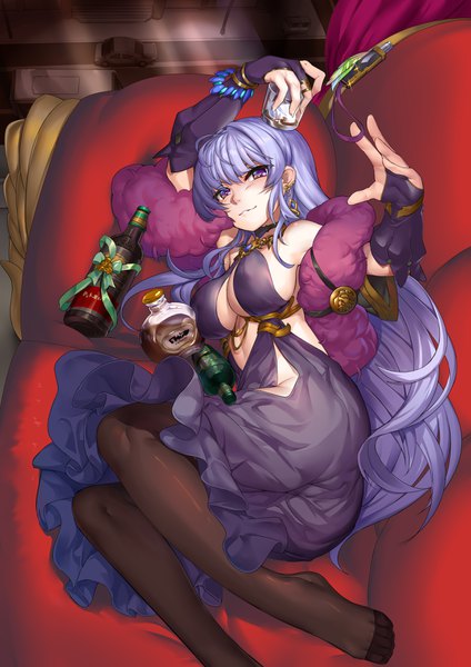 Anime picture 2480x3508 with original 463 jun single long hair tall image looking at viewer blush fringe highres breasts light erotic smile large breasts purple eyes bare shoulders cleavage purple hair full body bent knee (knees) indoors