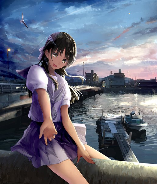 Anime picture 1224x1425 with original mikipuruun no naegi single long hair tall image looking at viewer open mouth black hair smile green eyes sky cloud (clouds) outdoors head tilt pleated skirt wind outstretched arm outstretched hand girl skirt