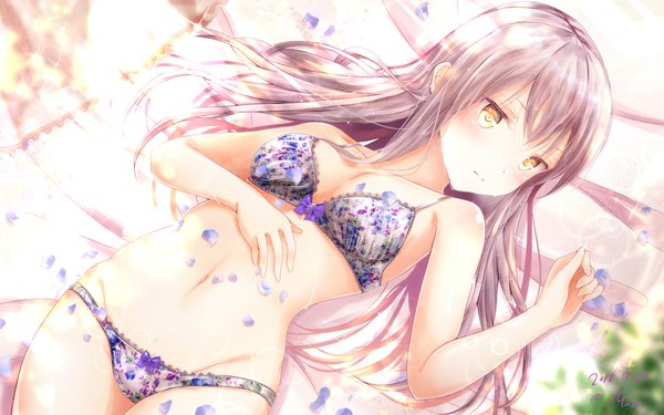 Anime picture 1920x1200 with bang dream! minato yukina masa (mirage77) single long hair blush fringe highres breasts light erotic hair between eyes bare shoulders yellow eyes looking away purple hair lying from above blurry bare legs sparkle