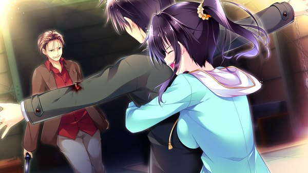 Anime picture 1920x1080 with golden marriage ensemble (studio) shimakage ruri hayakawa harui long hair highres breasts open mouth black hair wide image large breasts game cg ponytail eyes closed sunlight multiple boys teeth back spread arms injury