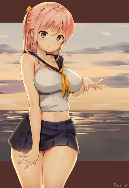 Anime picture 1368x2000 with original aymusk single long hair tall image looking at viewer blush fringe breasts blue eyes light erotic hair between eyes large breasts bare shoulders payot pink hair sky cloud (clouds) pleated skirt midriff