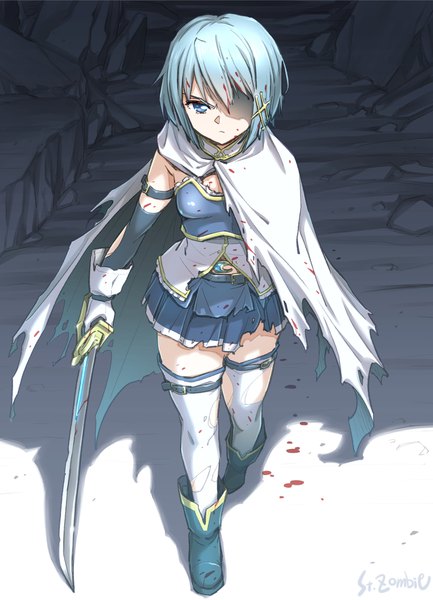 Anime picture 1444x2000 with mahou shoujo madoka magica shaft (studio) miki sayaka studiozombie single tall image fringe short hair blue eyes holding blue hair looking away full body from above torn clothes shaded face walking girl thighhighs skirt