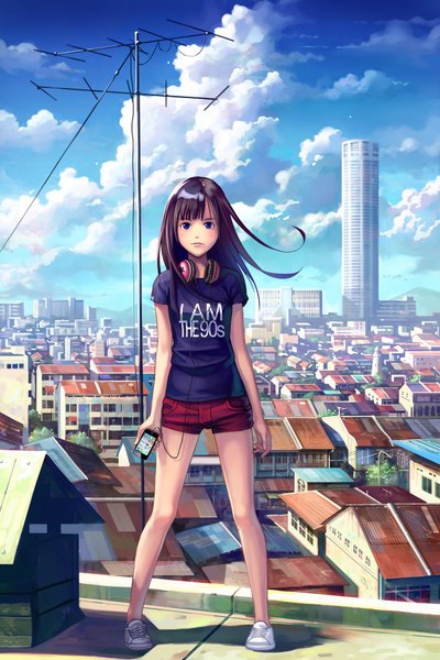 Anime picture 1240x1860 with original apple inc. feigiap single long hair tall image blue eyes black hair cloud (clouds) city cityscape girl shorts headphones building (buildings) tower roof antenna