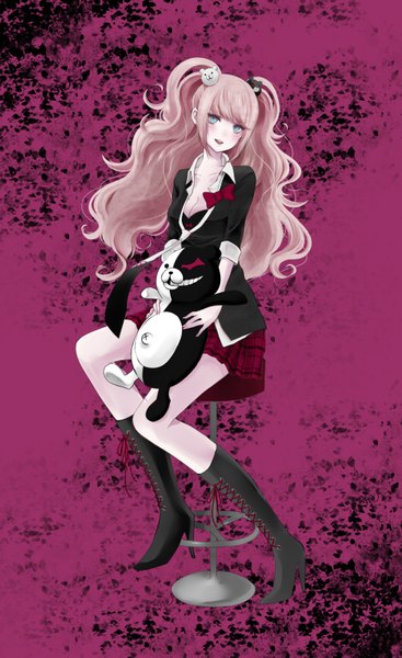 Anime picture 2000x3265 with dangan ronpa enoshima junko monokuma tagme (artist) long hair tall image looking at viewer blush highres breasts open mouth blue eyes light erotic sitting twintails pink hair high heels wavy hair girl skirt