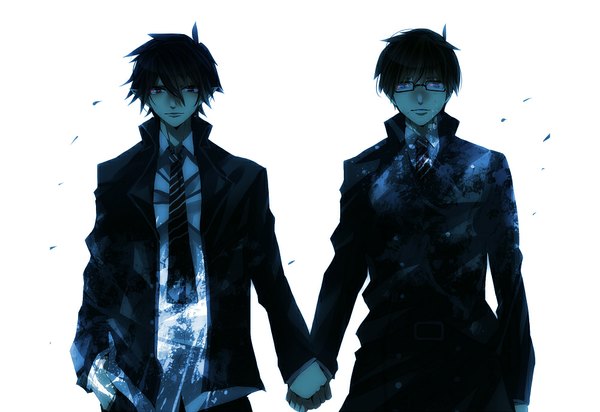 Anime picture 1000x688 with ao no exorcist a-1 pictures okumura rin okumura yukio amulet051 (artist) looking at viewer short hair blue eyes black hair simple background red eyes standing white background purple eyes multiple boys couple holding hands siblings hand in pocket twins