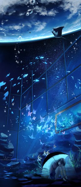 Anime-Bild 565x1300 mit original megatruh tall image short hair black hair landscape fantasy scenic girl insect butterfly star (stars) umbrella bubble (bubbles) fish (fishes) planet stingray