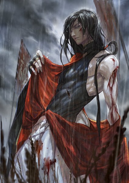 Anime picture 724x1024 with touken ranbu nitroplus izuminokami kanesada hangleing single long hair tall image looking at viewer black hair sky traditional clothes japanese clothes wet sleeveless torn clothes rain muscle injury bleeding deep wound