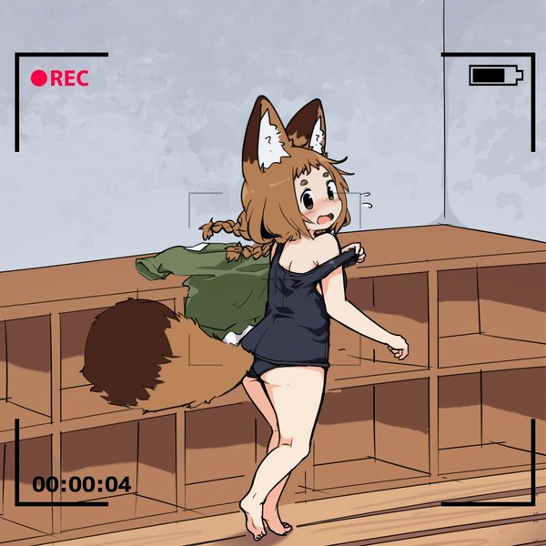 Anime picture 1280x1280 with original poko (yutturi) yutturi single long hair looking at viewer blush open mouth light erotic brown hair standing green eyes animal ears tail braid (braids) animal tail barefoot from behind embarrassed twin braids